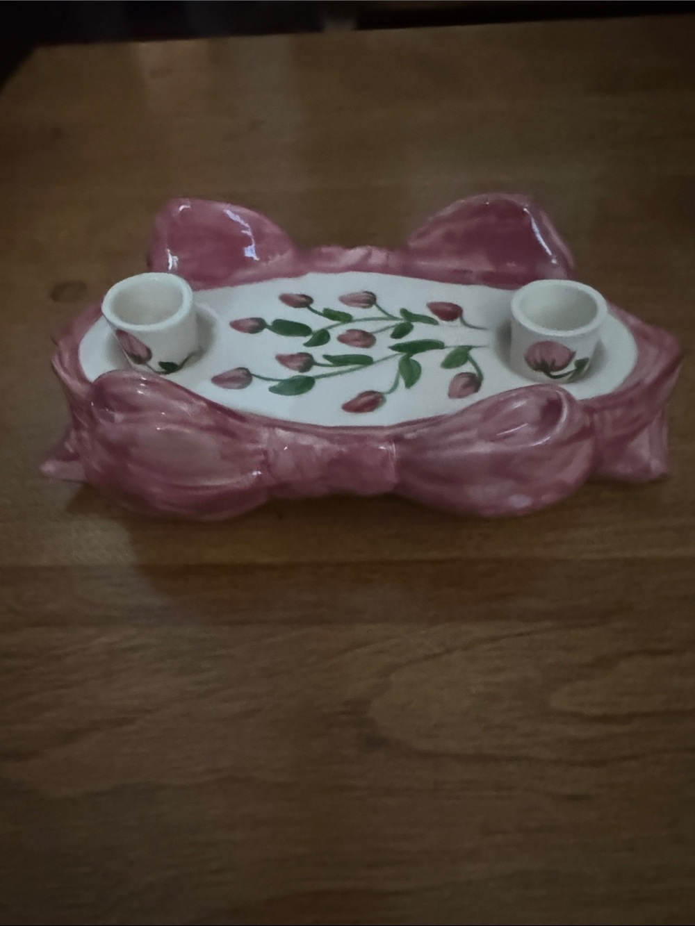 Hand Painted Floral Ceramic Candle Holder with Bow Accent